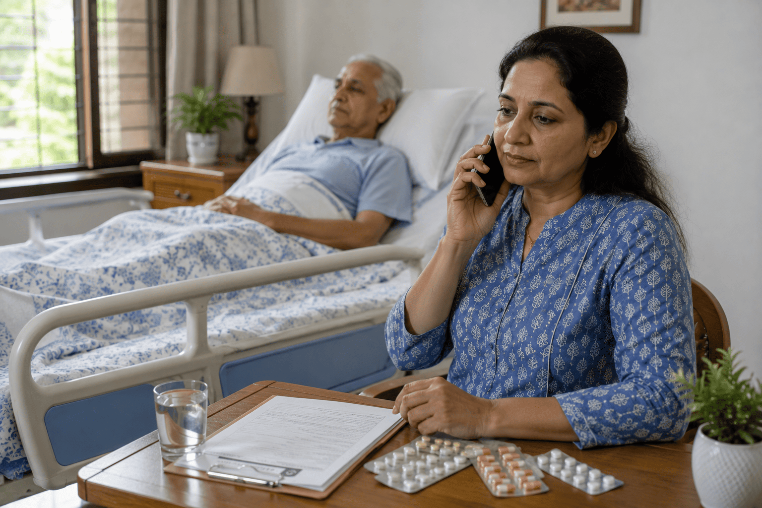 Family caregiver checking on a recovering patient at home and preparing to call the doctor