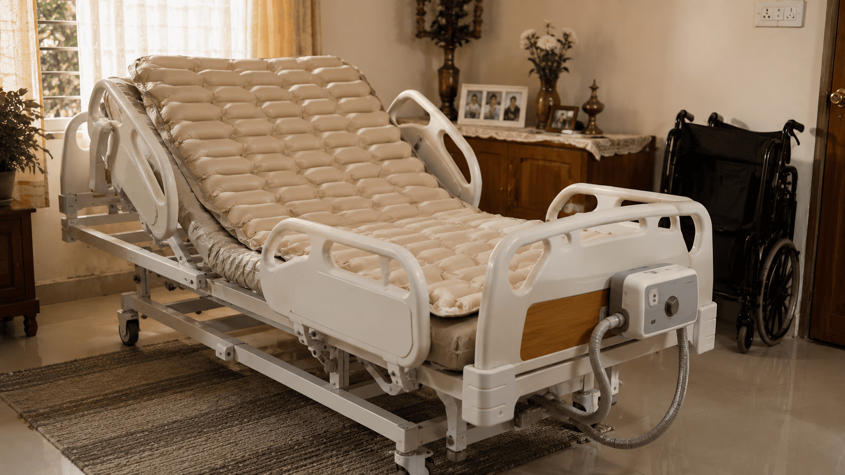 Hospital bed with alpha air mattress set up at home for stroke recovery