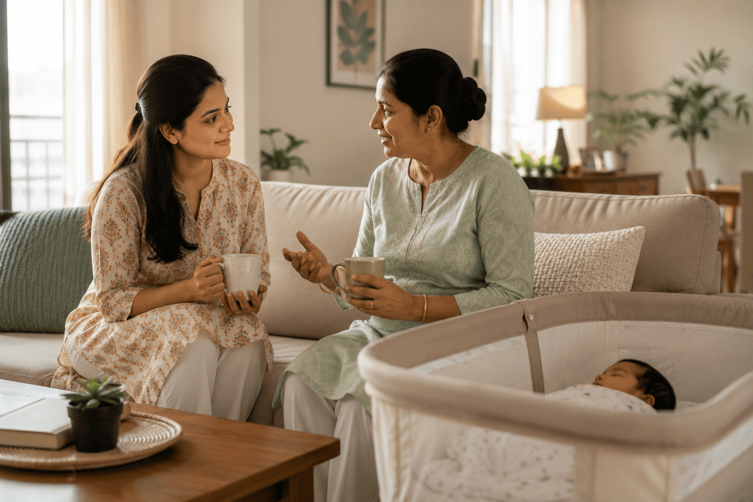 New mother talking with a supportive family member at home