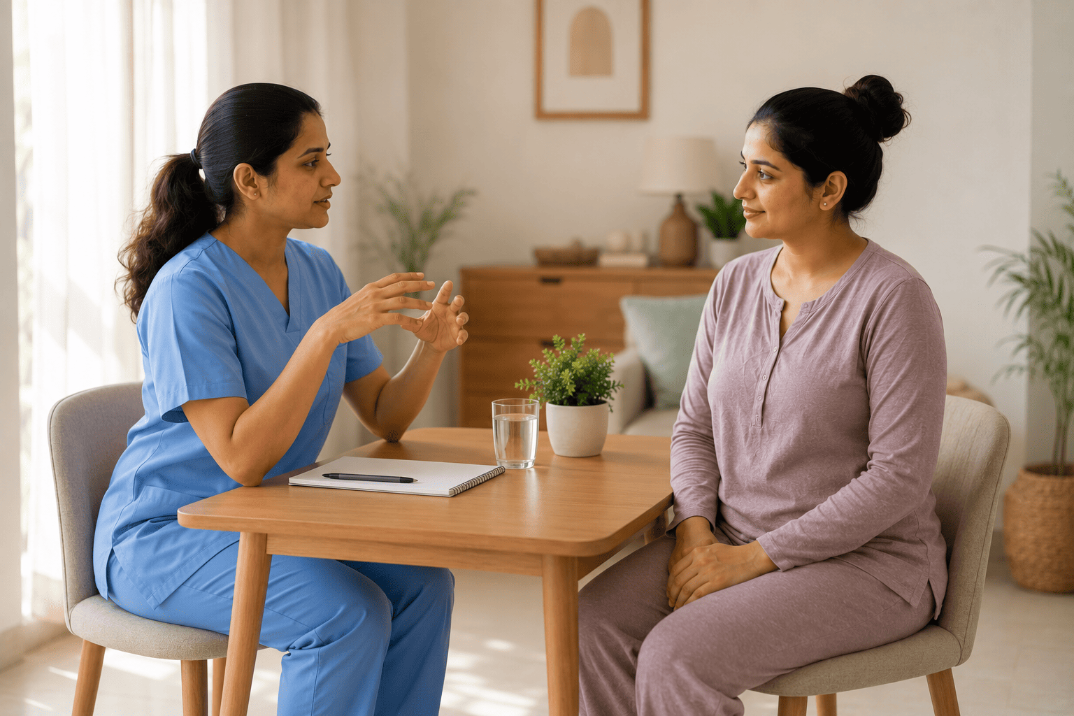 Physiotherapist explaining gentle scar care to a new mother after a caesarean