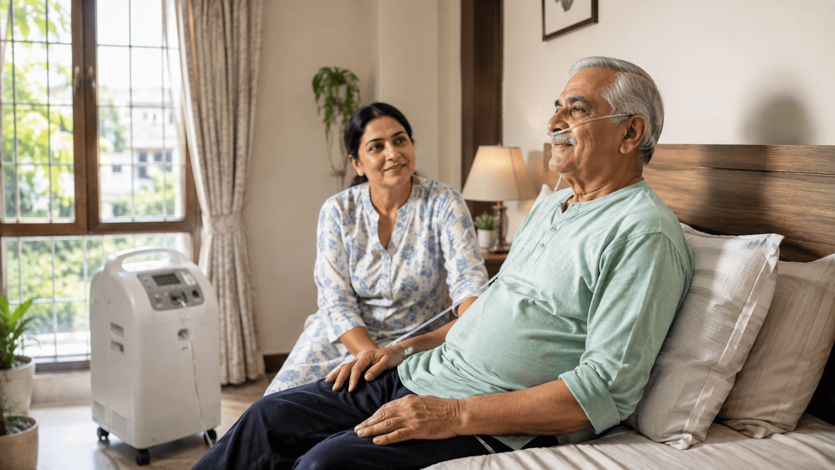 COPD care at home with an oxygen concentrator set up beside the patient