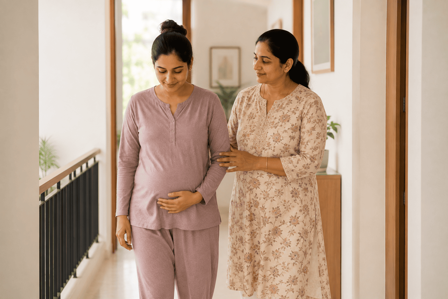 New mother walking slowly with support in the days after a caesarean delivery