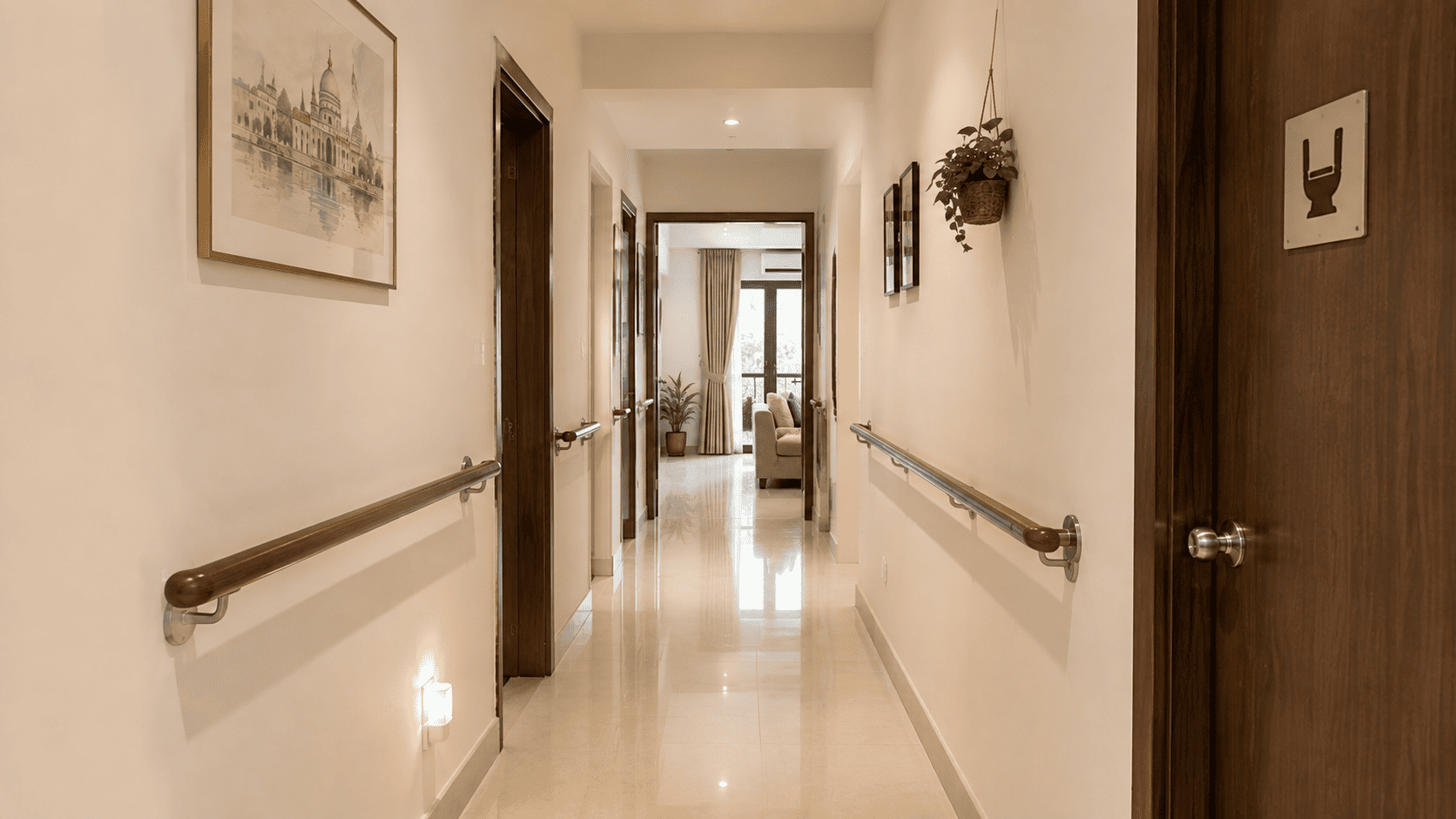 Home safety modifications for elderly and dementia care including grab bars and clear lighting