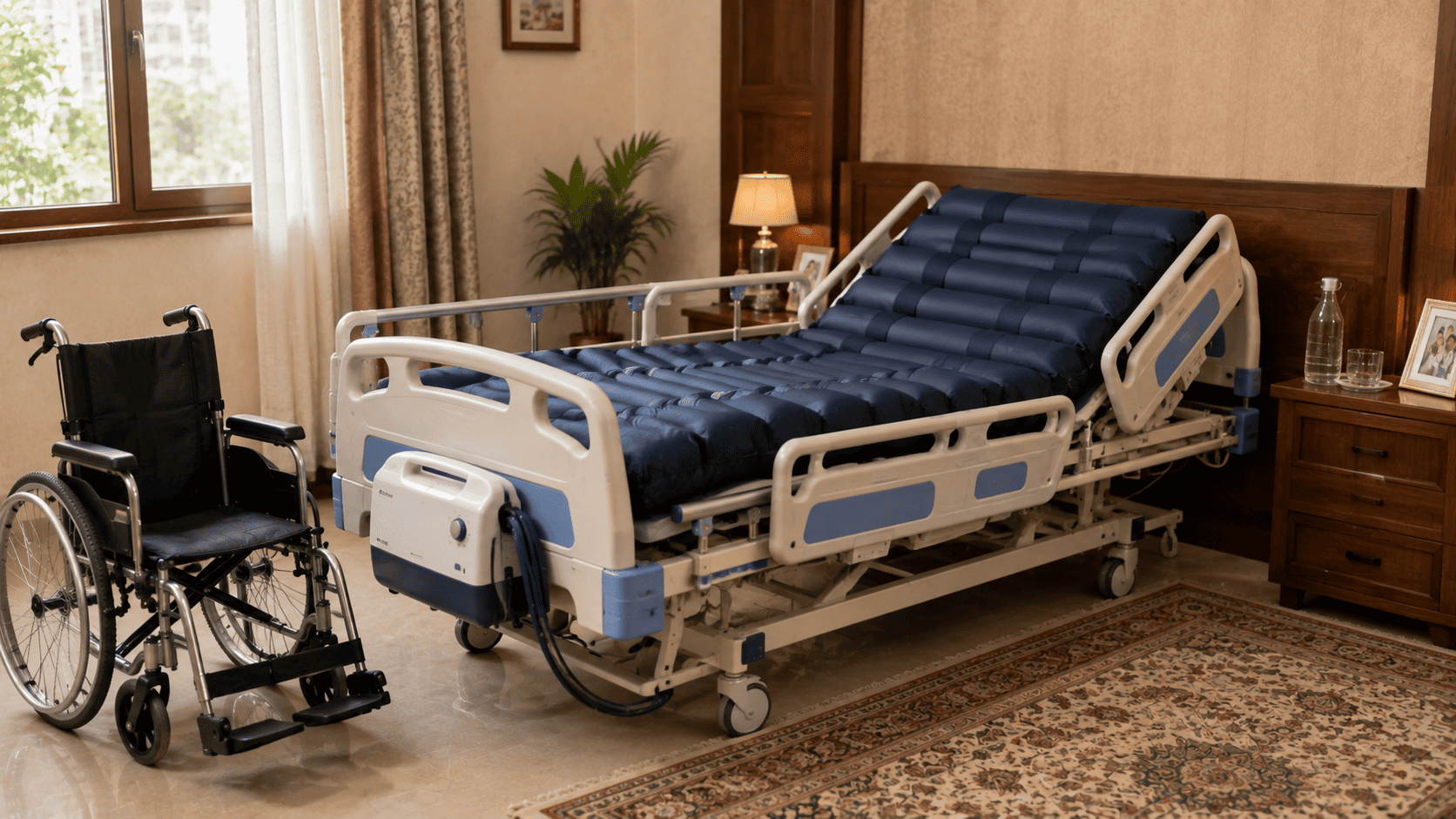 Hospital bed and wheelchair rental setup for advanced Parkinson's care at home