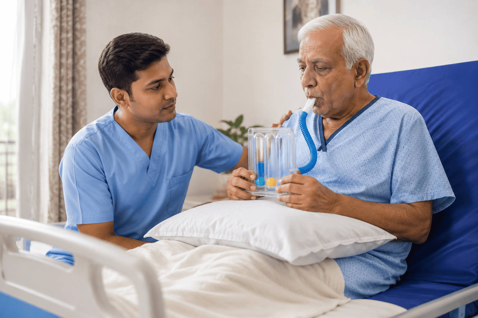 Patient using an incentive spirometer for breathing exercises during home chest physiotherapy