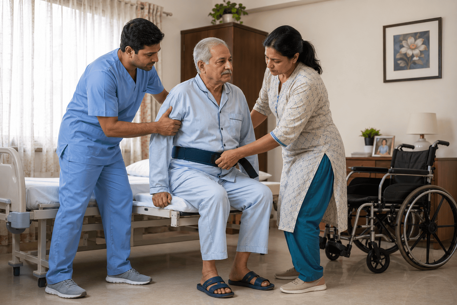 Physiotherapist teaching a family caregiver safe transfer technique for a stroke patient at home