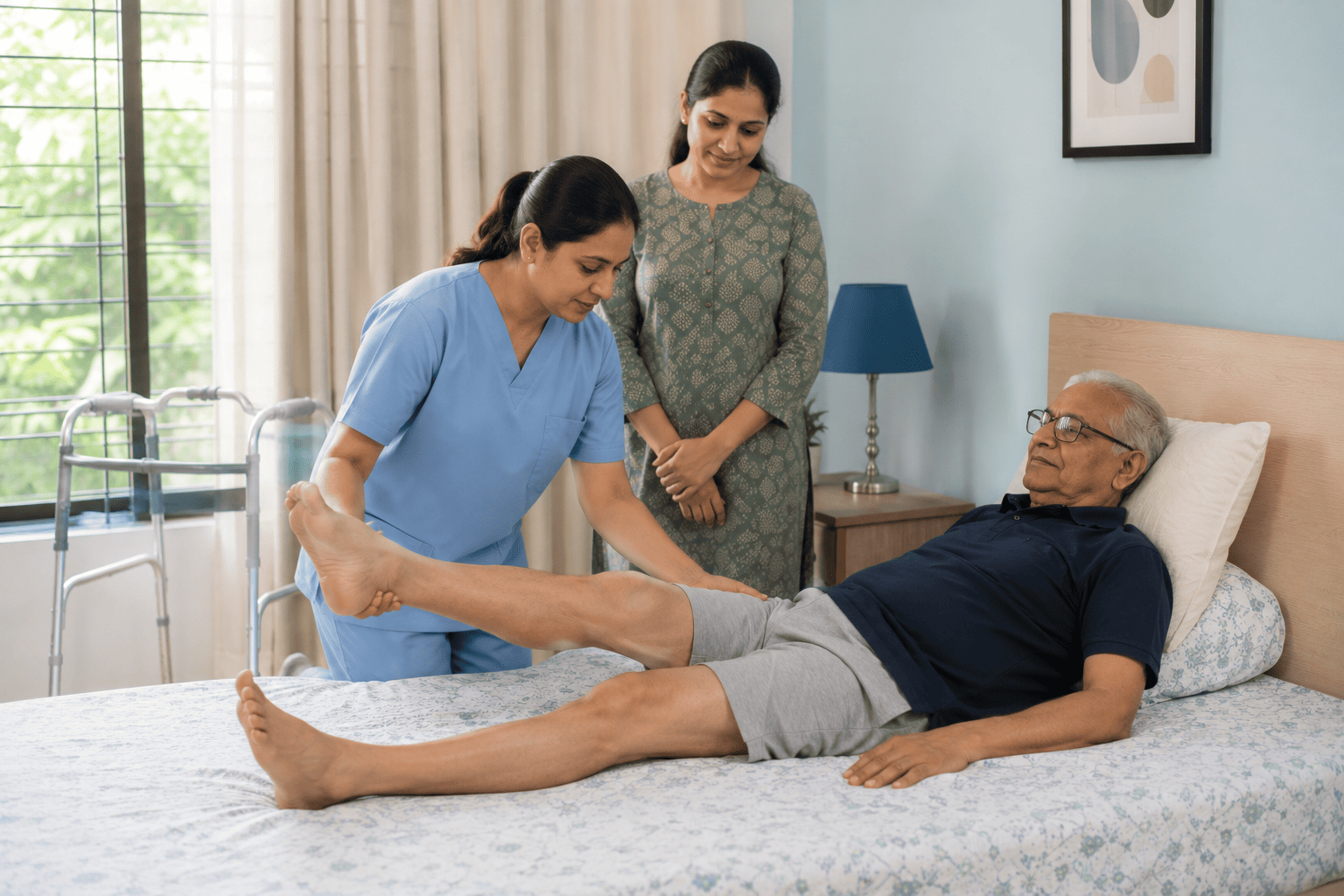 Home physiotherapy session for a knee replacement patient with a family member observing