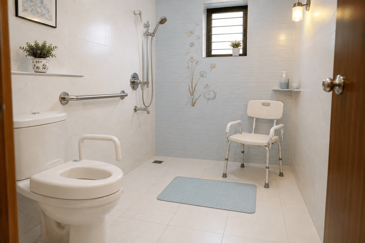 Safety-modified Indian bathroom with grab bar, raised commode seat and anti-skid mat for a recovering patient