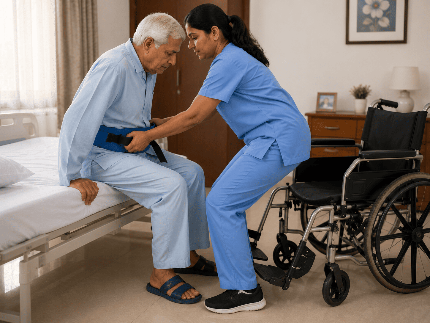Caregiver performing a stand and pivot transfer from a hospital bed to a wheelchair using a transfer belt
