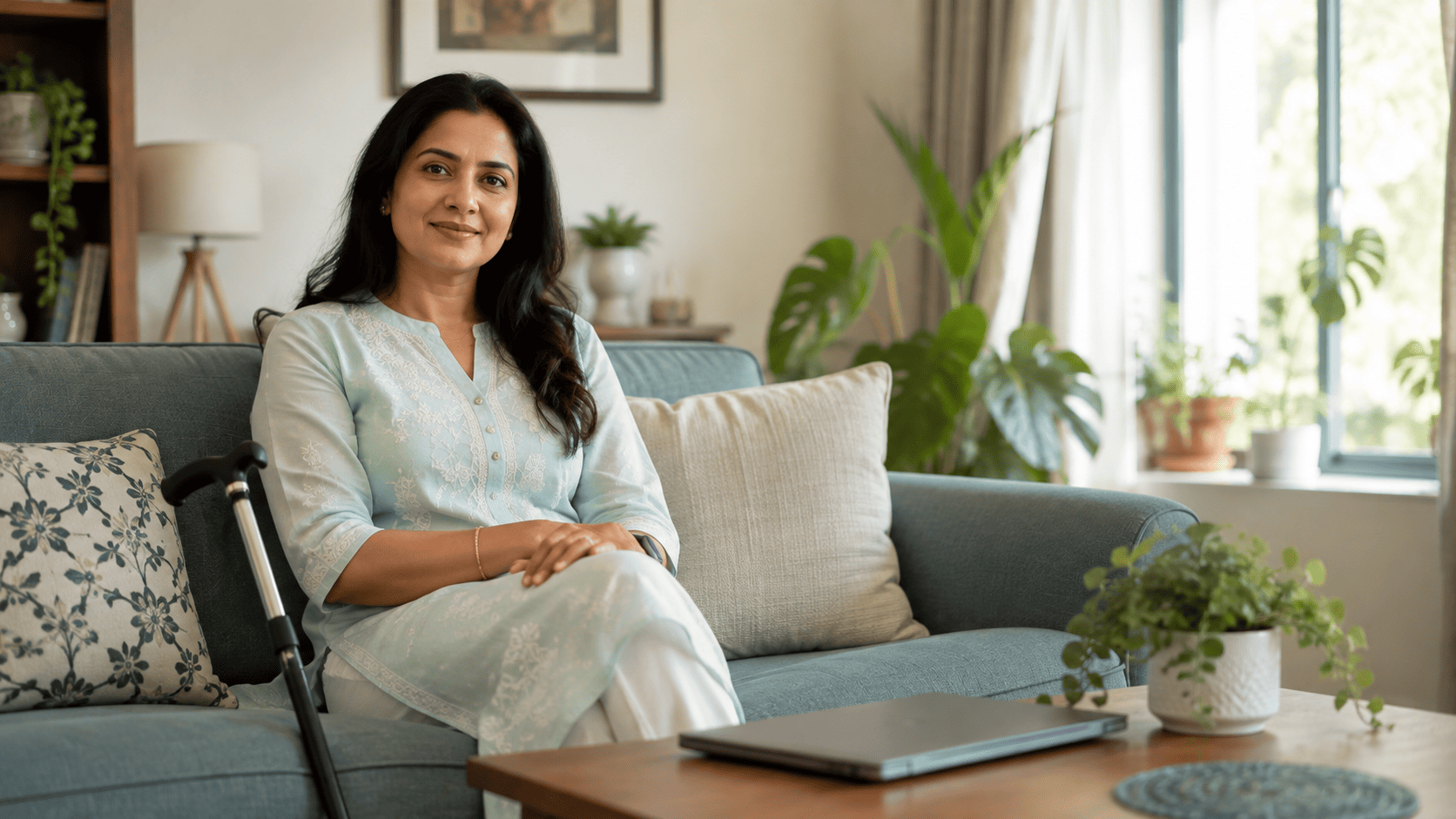 Multiple sclerosis care at home with a young Indian adult using a walking aid