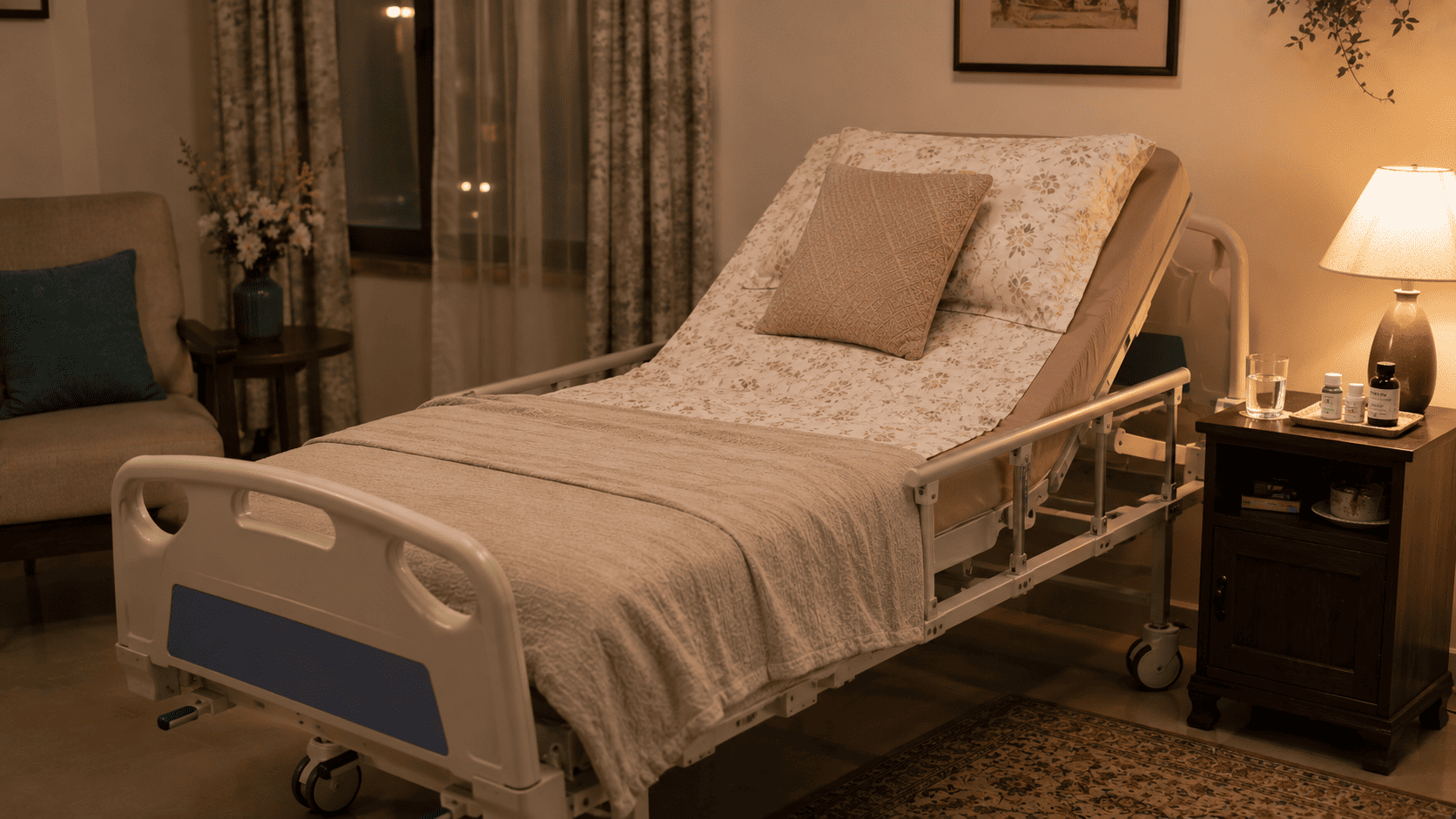 Adjustable hospital bed set up at home for a heart failure patient to sleep propped up