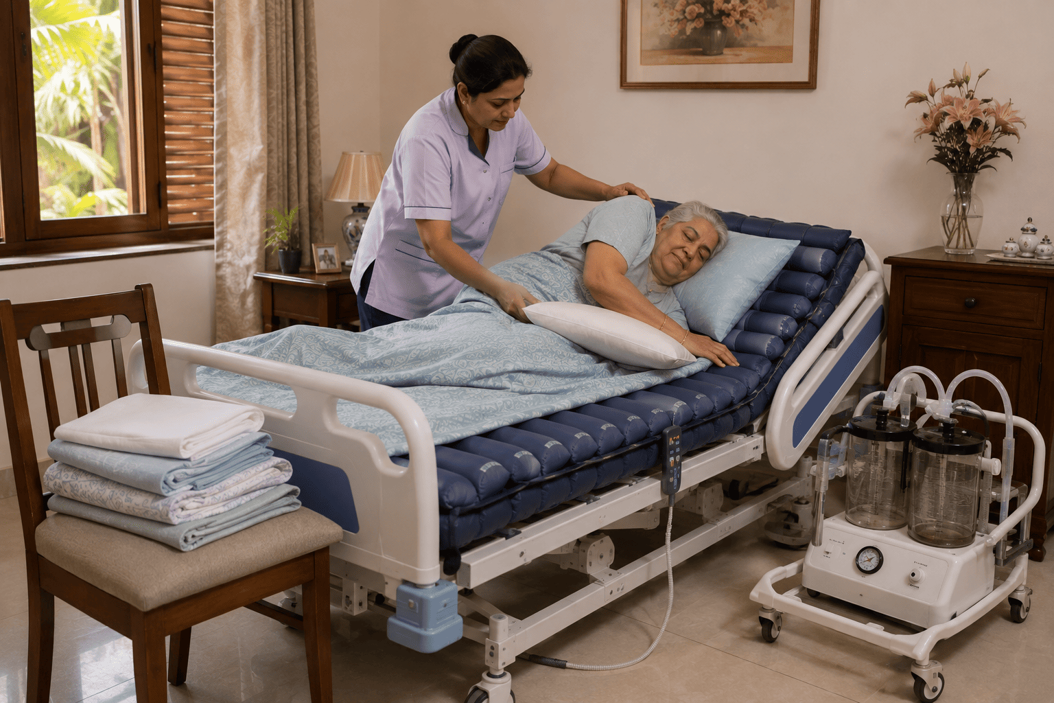 Bedridden patient care at home with hospital bed, air mattress and attendant support by Healthy Jeena Sikho