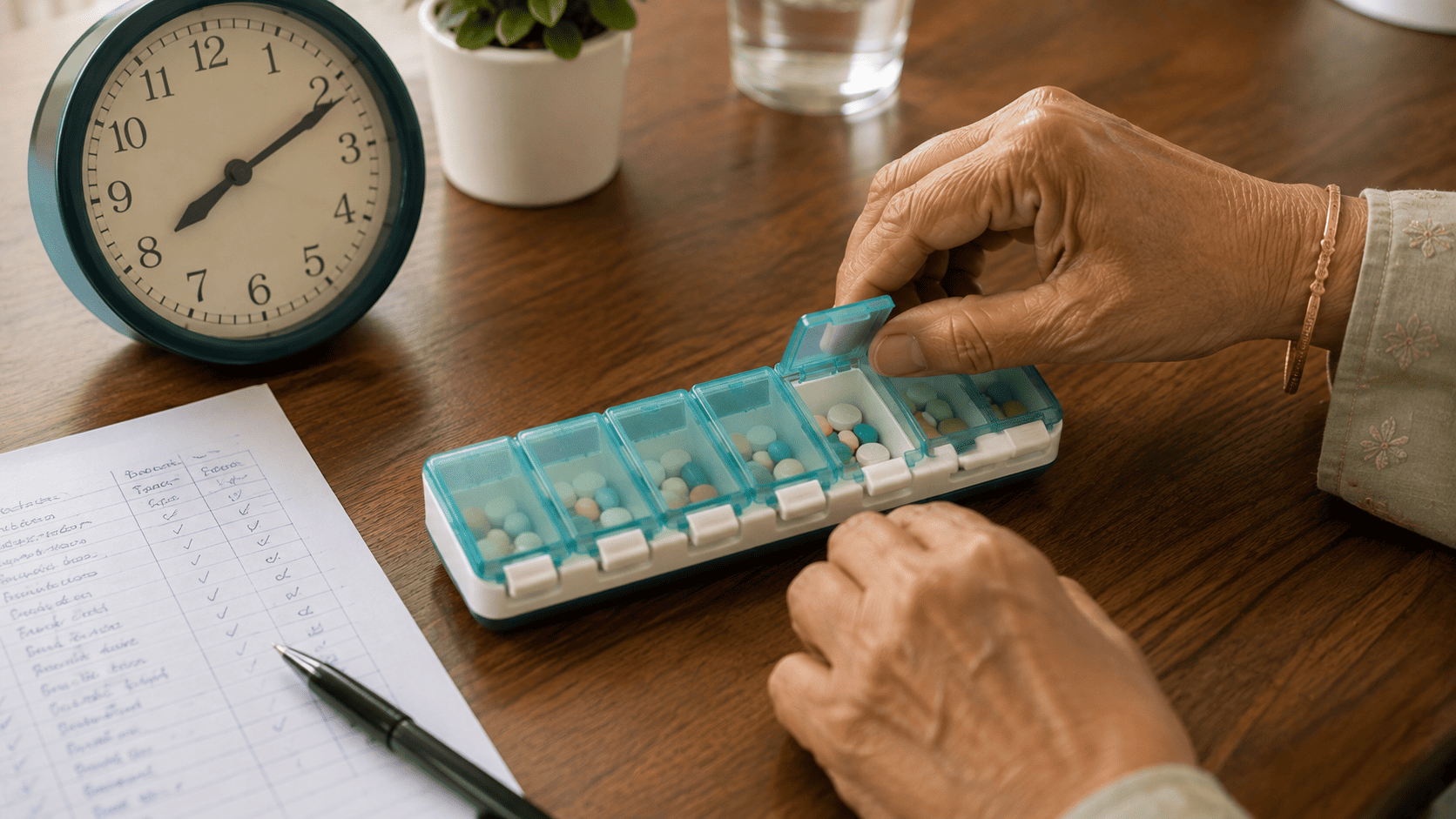 Parkinson's medication schedule with pill organiser and clock at home