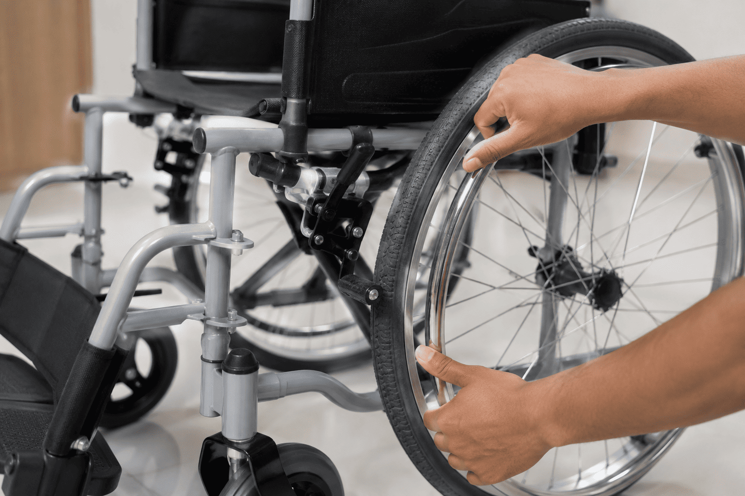 Checking wheelchair tyre pressure and brake alignment during a weekly safety check at home
