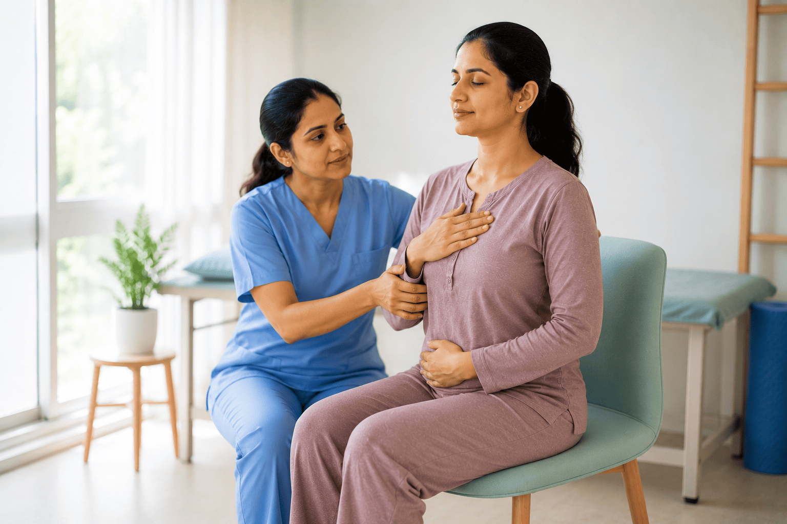 Physiotherapist explaining pelvic floor rehabilitation to a patient during a consultation