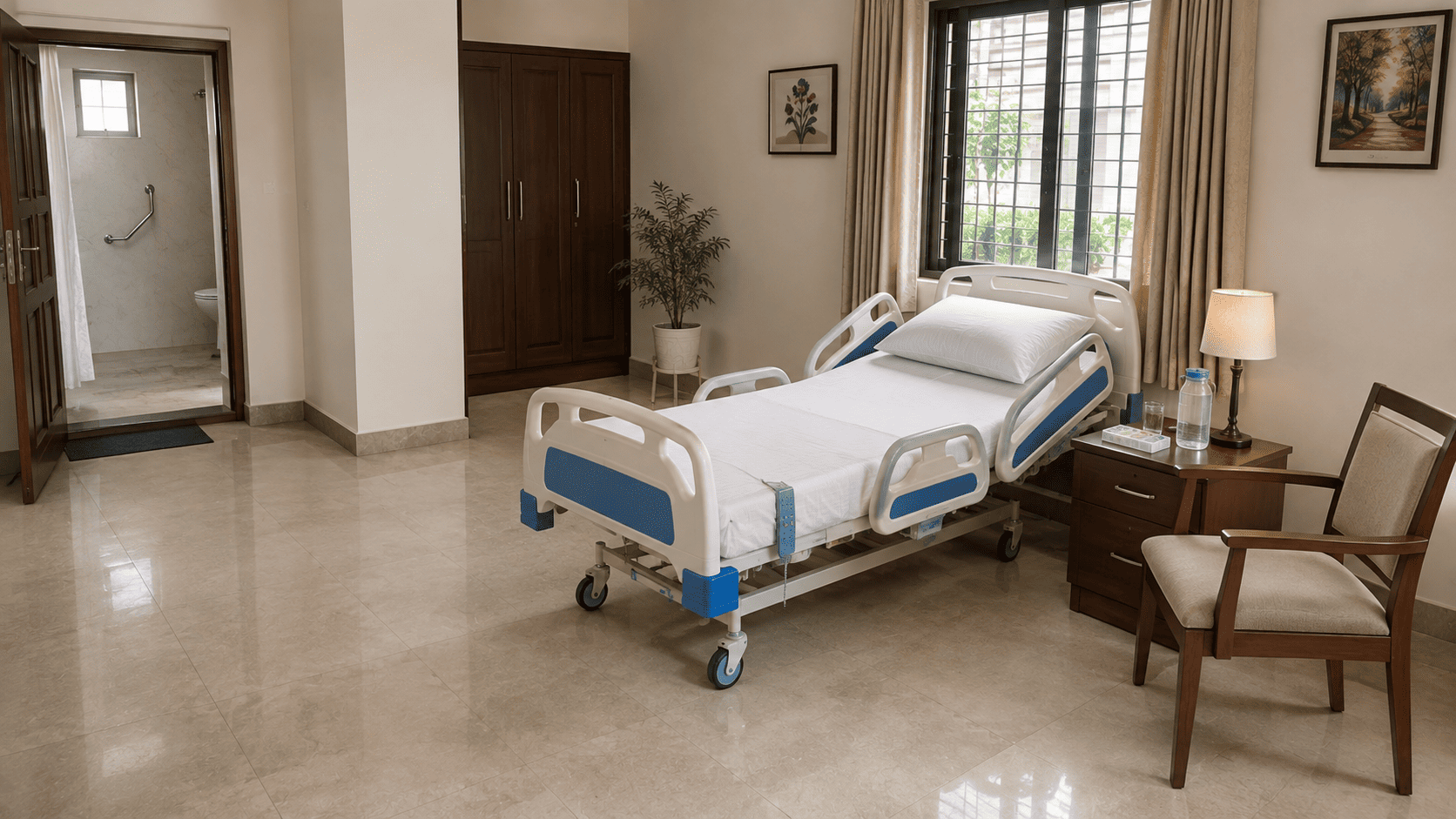 Hospital bed, wheelchair and oxygen concentrator arranged for home care after discharge