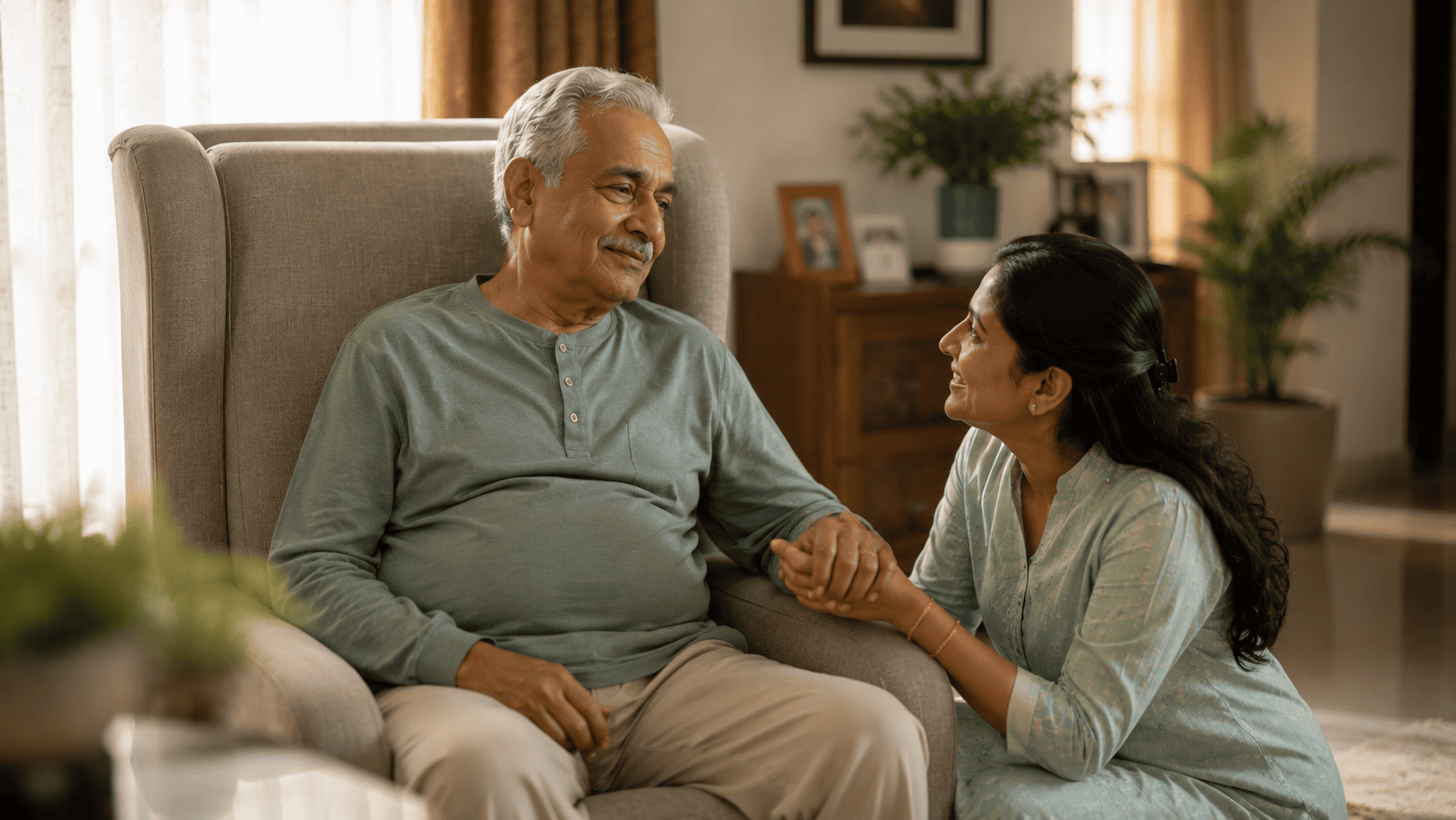 Parkinson's disease care at home with a caregiver supporting an elderly patient