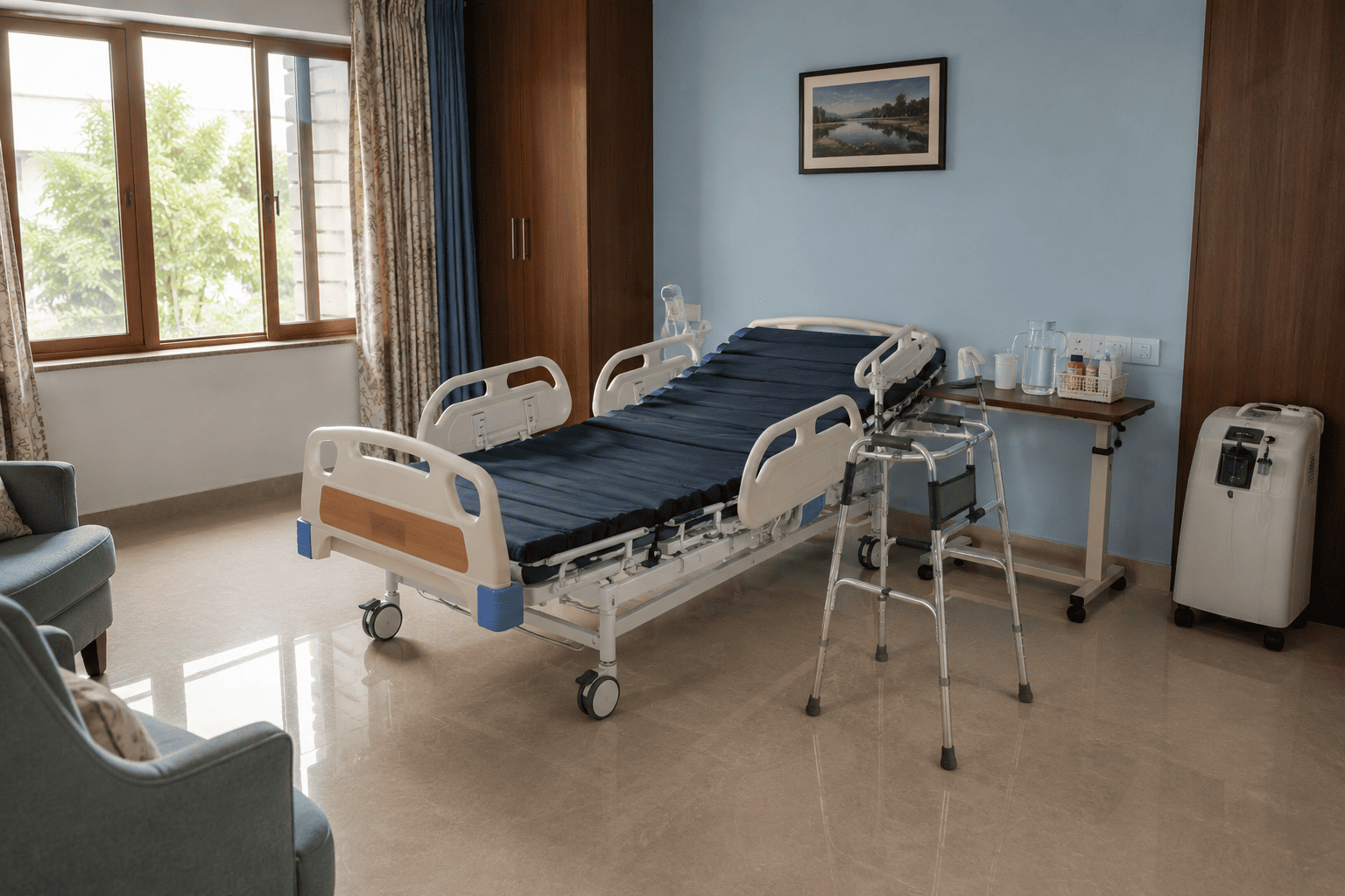 A well-planned patient room at home with a hospital bed, air mattress and clear walking space
