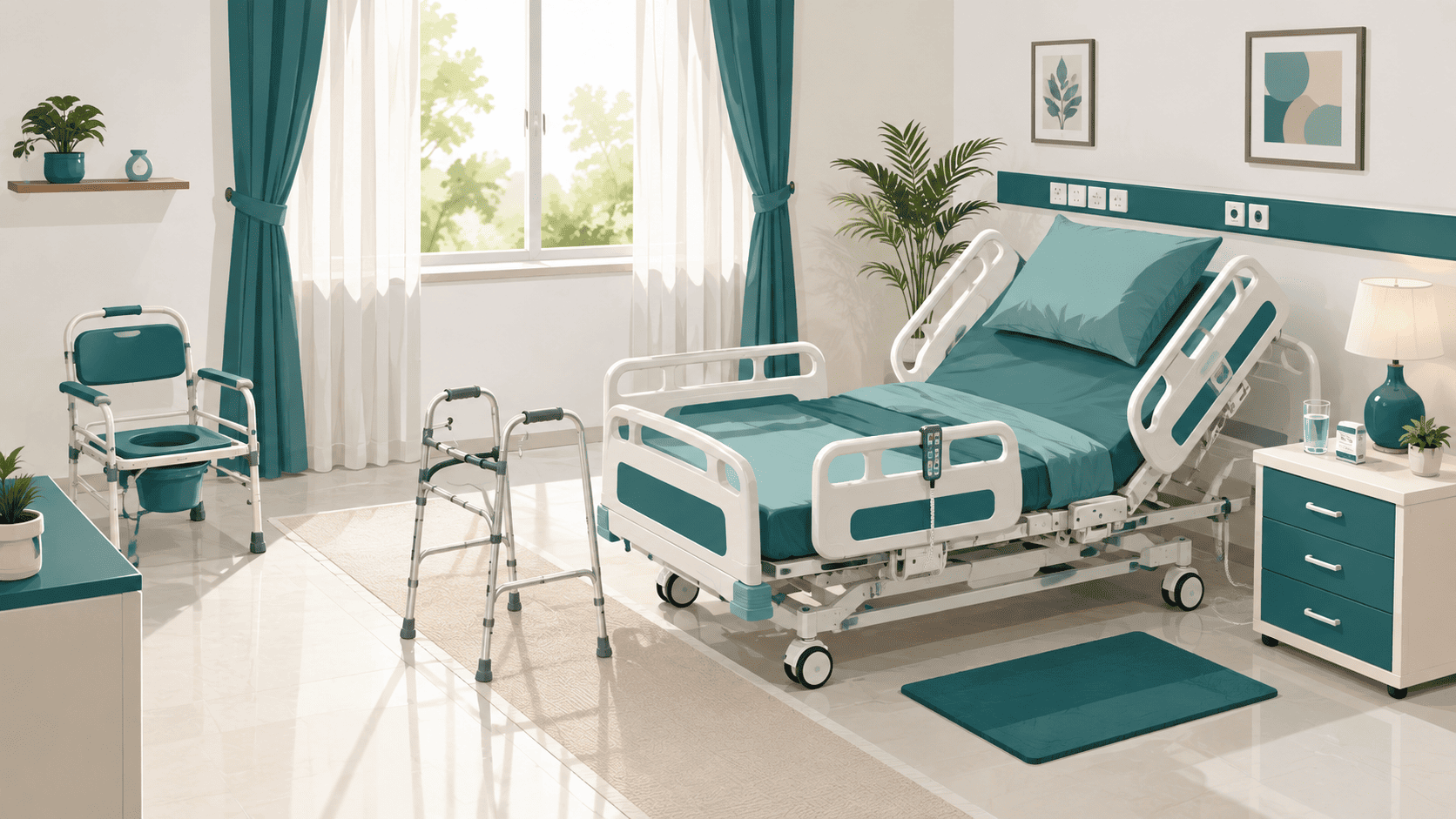 Post-surgery home recovery setup with hospital bed, walker and commode chair arranged before discharge