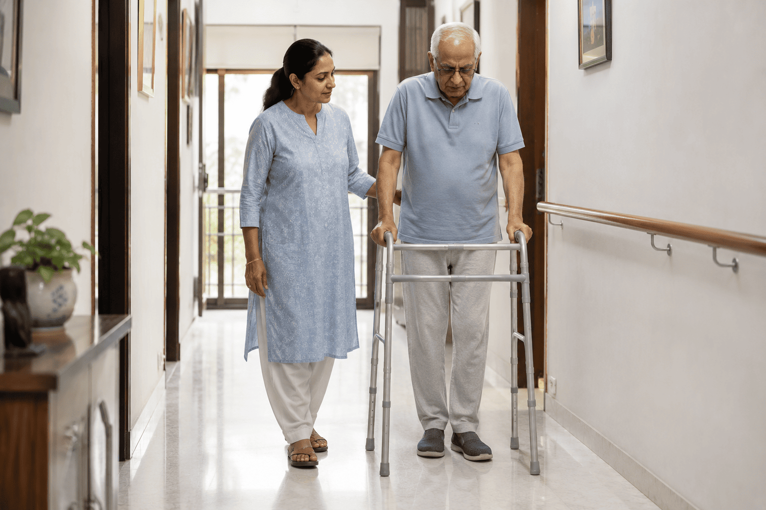 Caregiver supervising a recovering patient walking safely with a walker at home