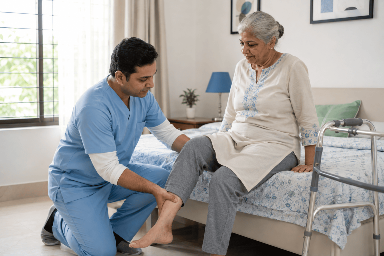 Physiotherapist guiding a patient through knee exercises at home after total knee replacement