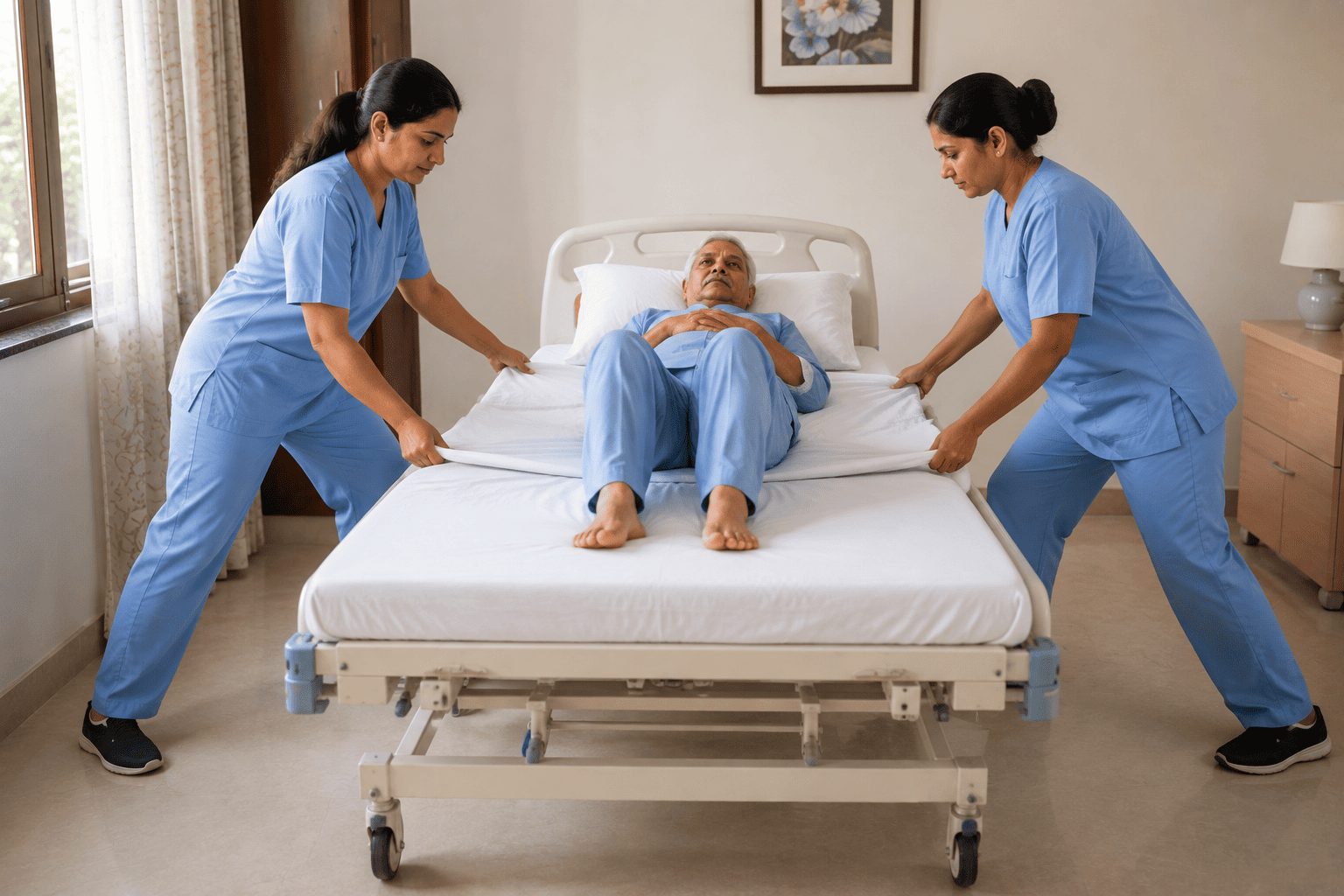 Two caregivers using a draw sheet to move a patient up the hospital bed safely