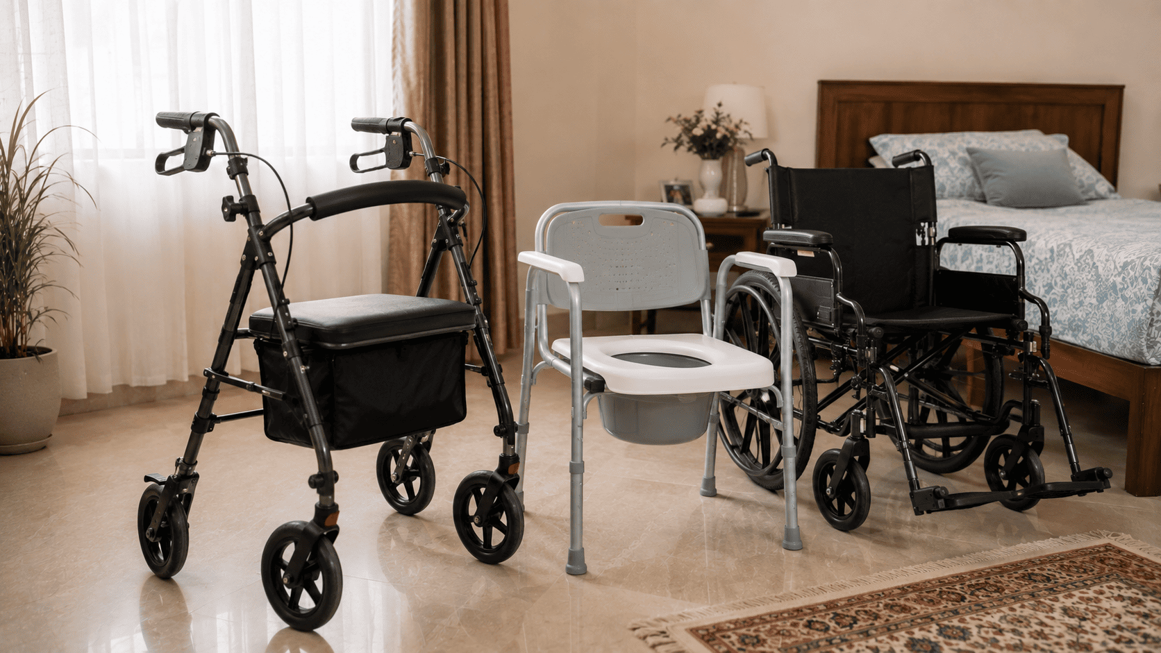 Mobility and home care equipment used by Parkinson's patients including rollator and commode chair
