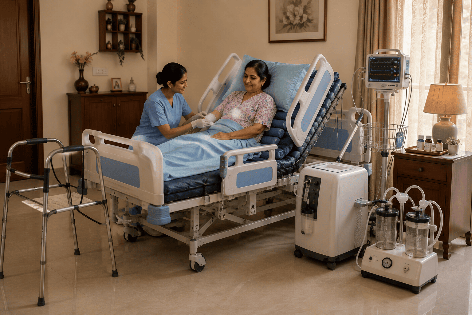 After surgery recovery at home with nurse doing dressing change and hospital bed from Healthy Jeena Sikho