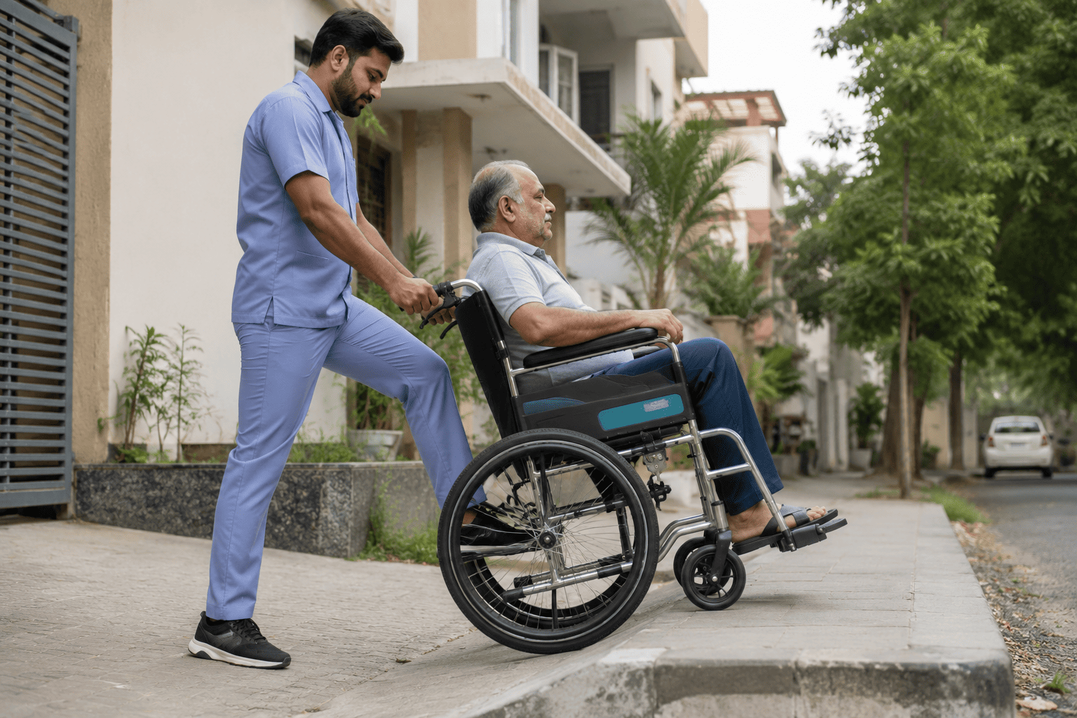 Caregiver tilting a wheelchair backwards using the tipping lever to cross a kerb safely