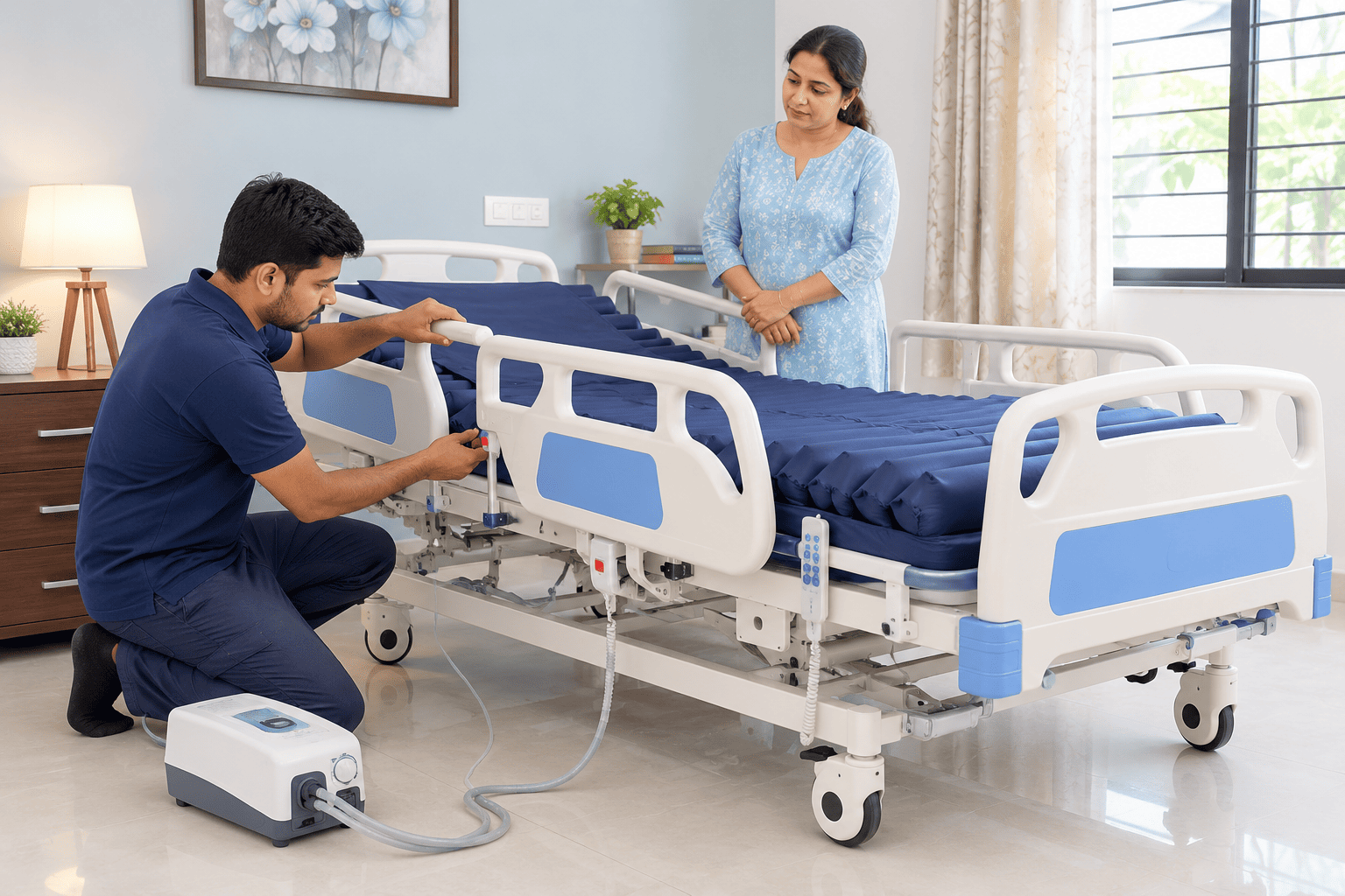 Technician installing a rented hospital bed in a home bedroom before patient discharge