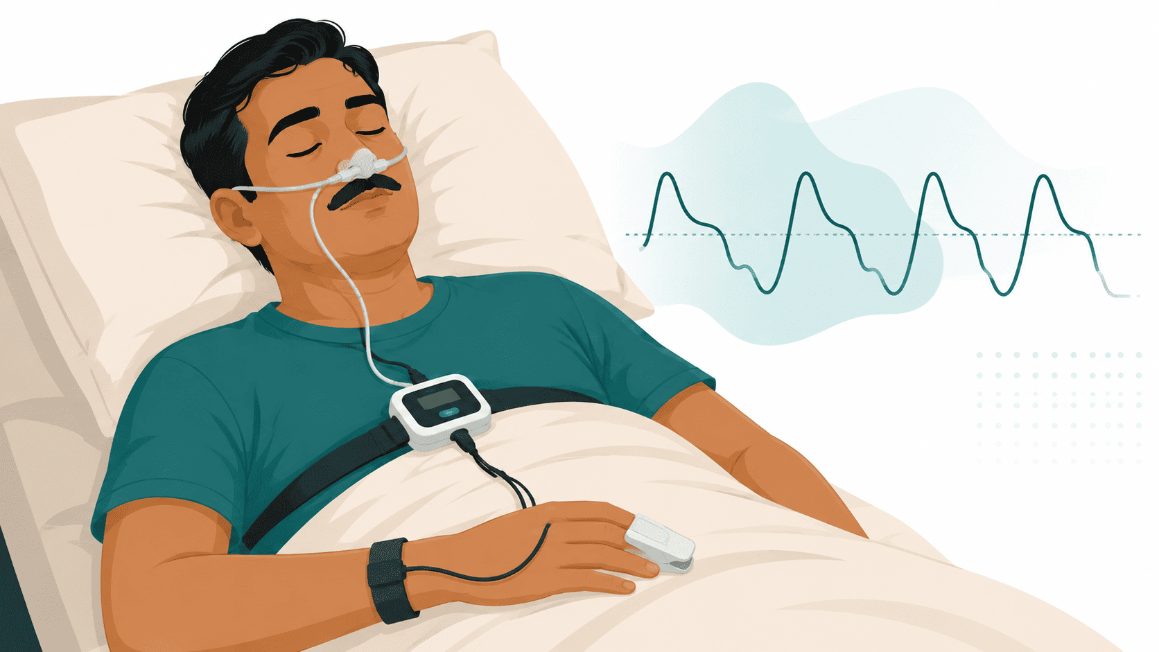 Home sleep apnea test device worn overnight to measure airflow and oxygen