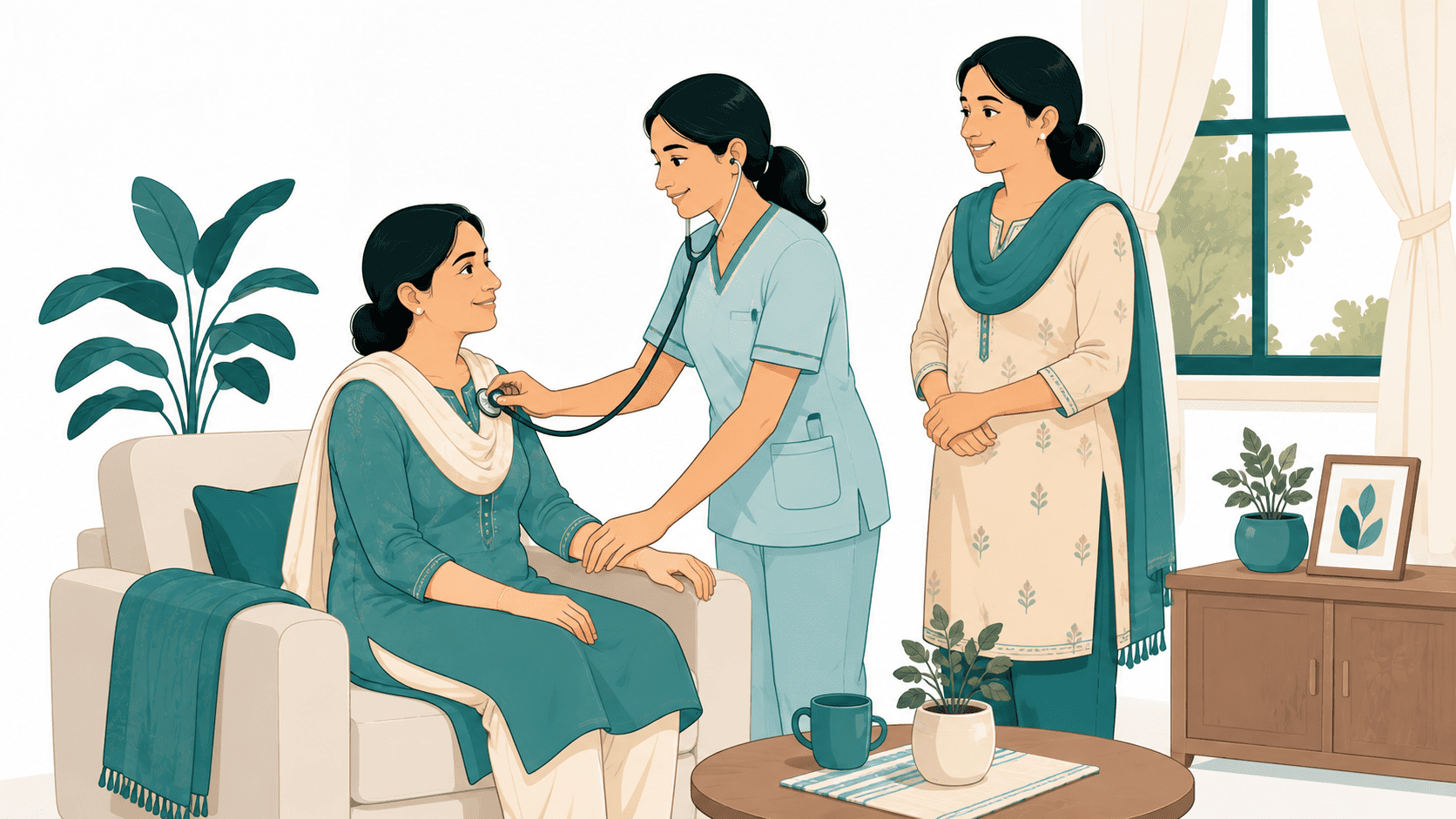 Trained home nurse and patient attendant supporting a cancer patient and family caregiver