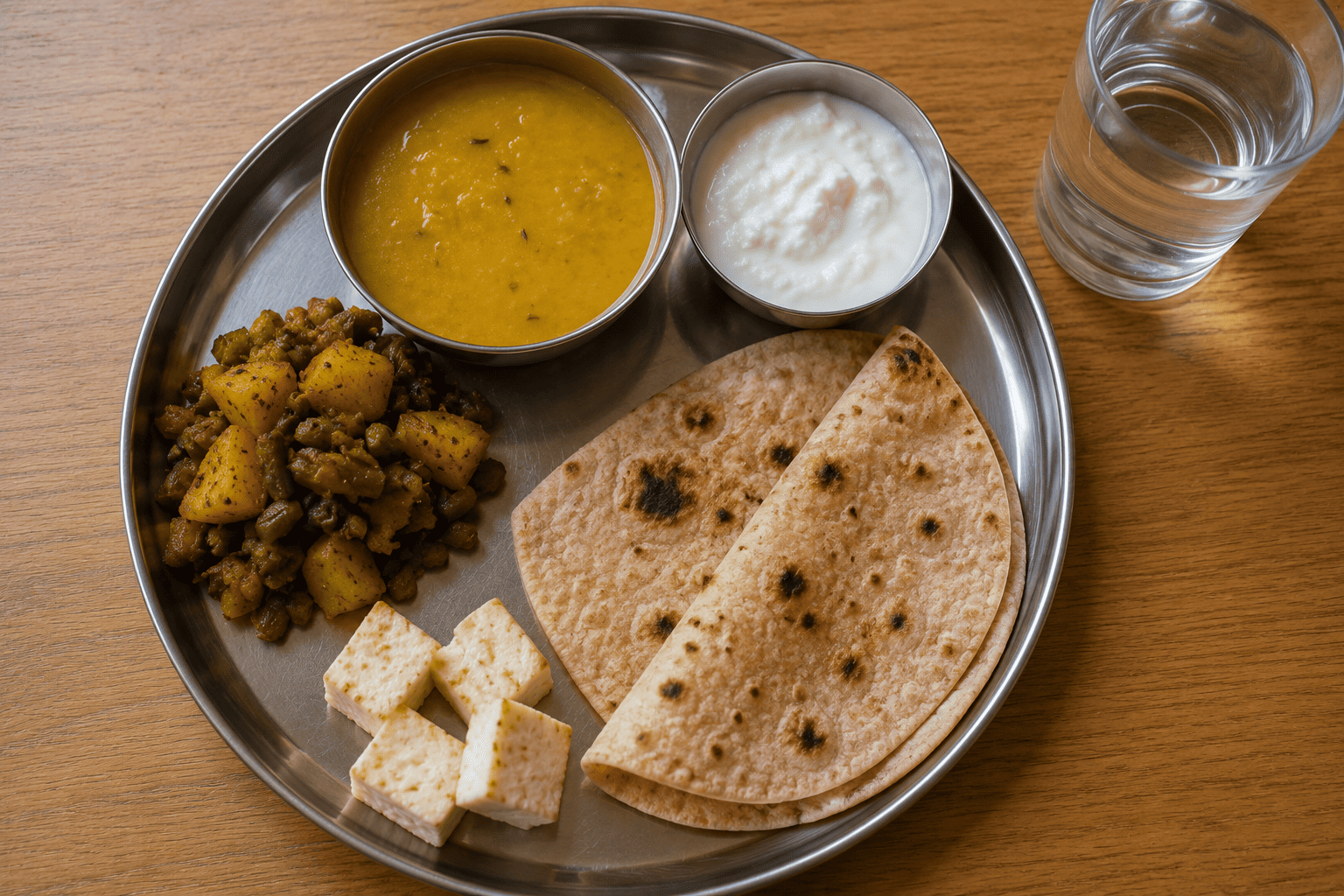 A balanced Indian recovery meal with dal, curd, roti and vegetables served to a patient at home