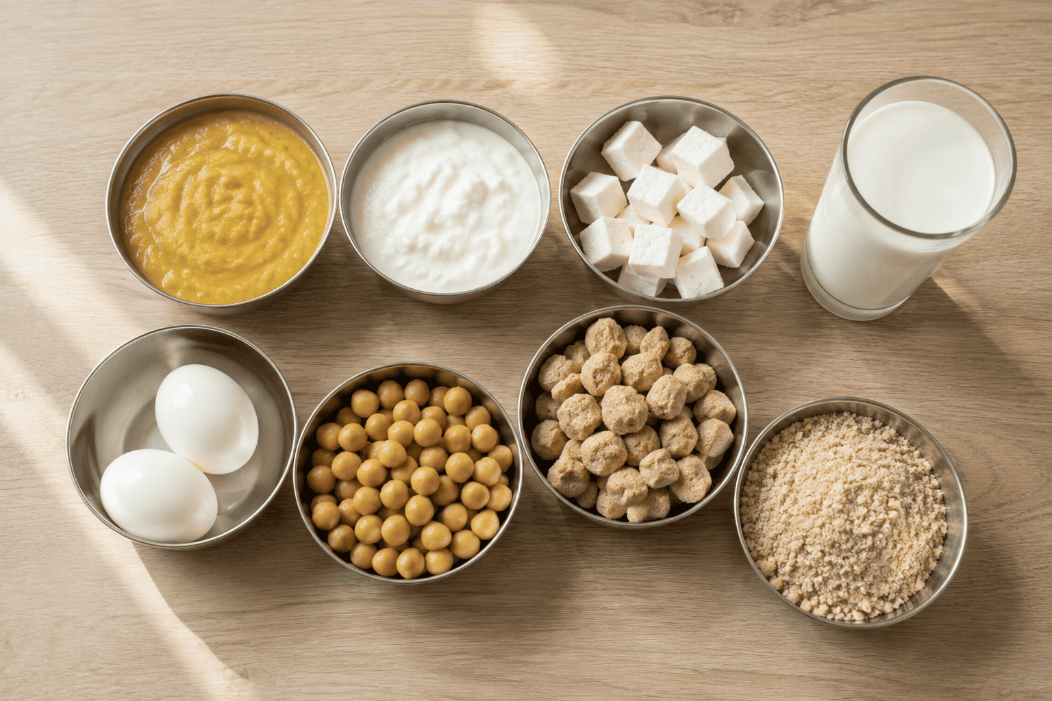 Simple protein-rich Indian foods including dal, curd, paneer and eggs arranged for a recovering patient