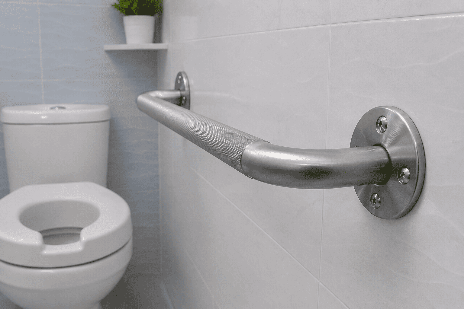 Stainless steel grab bar bolted into the wall beside a toilet in an Indian bathroom