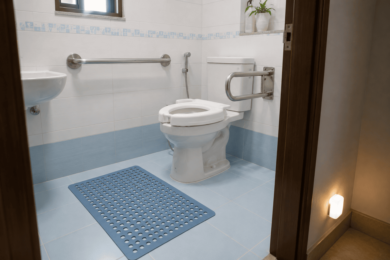 Bathroom grab bar, non-slip mat and clear night-lit path from bed to toilet in a home patient room