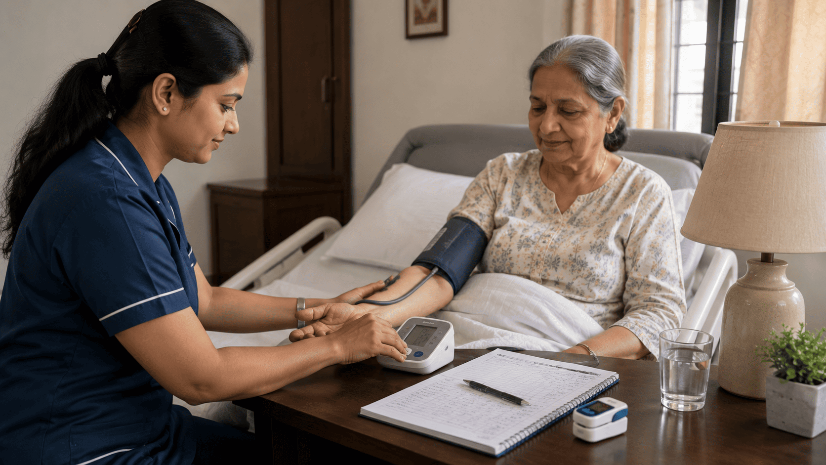 Caregiver checking blood pressure and maintaining a home monitoring log after discharge