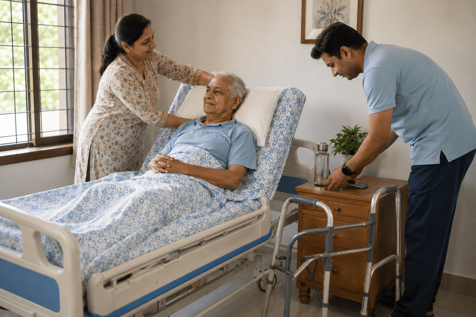 Family caregiver settling a recovering patient at home on the first day after hospital discharge