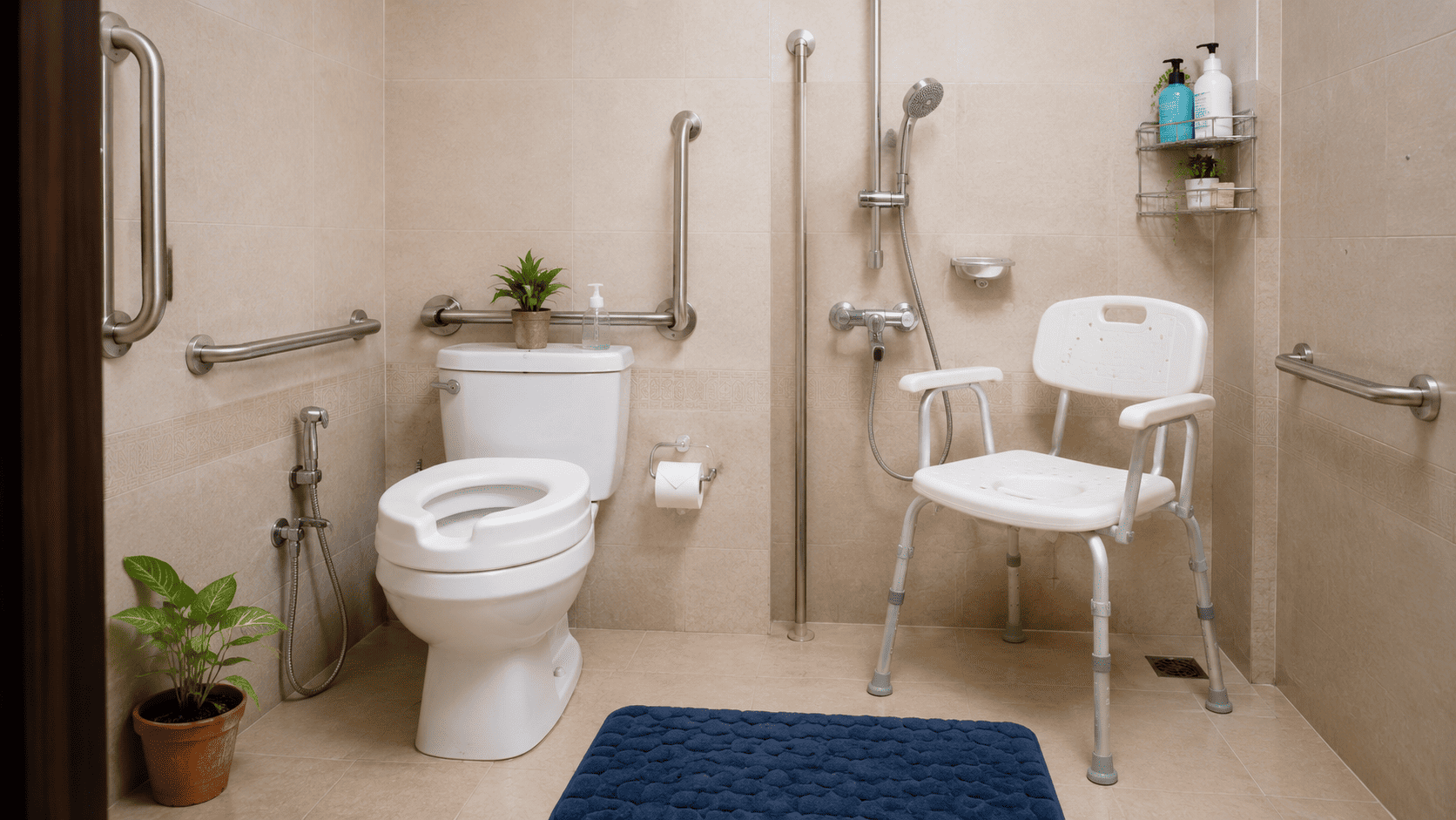 Home safety modifications for Parkinson's disease including grab bars and clear floor space