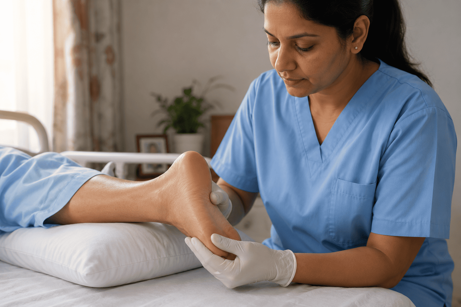 Nurse checking the skin over a patient's heel and tailbone during a daily pressure sore inspection at home