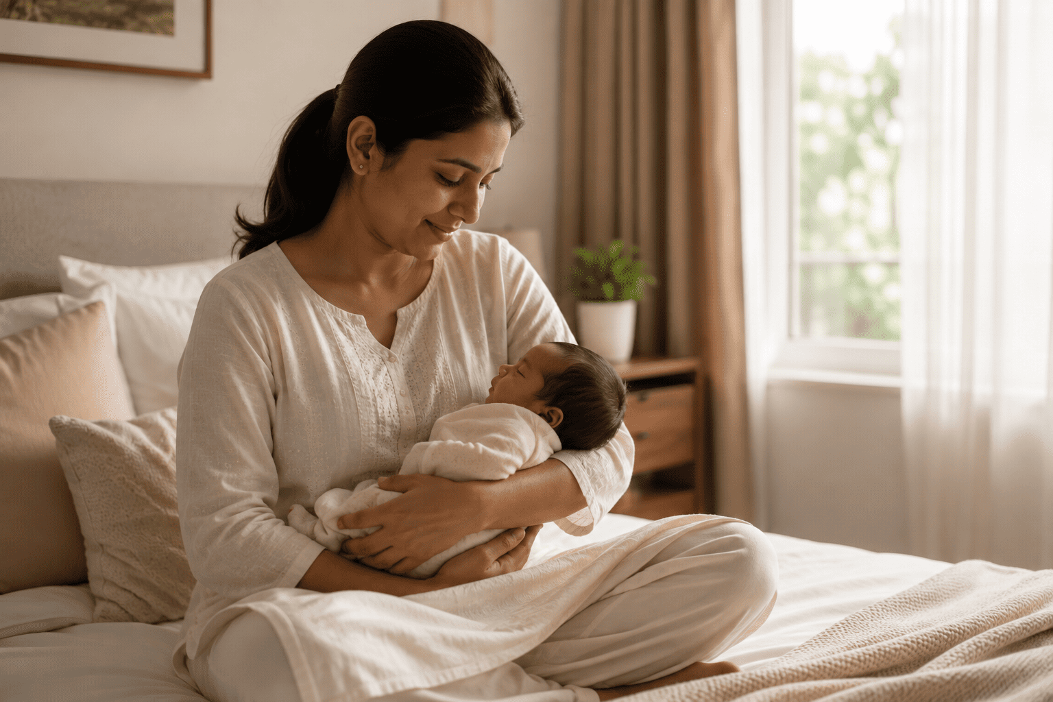New mother resting at home with her baby during postpartum recovery