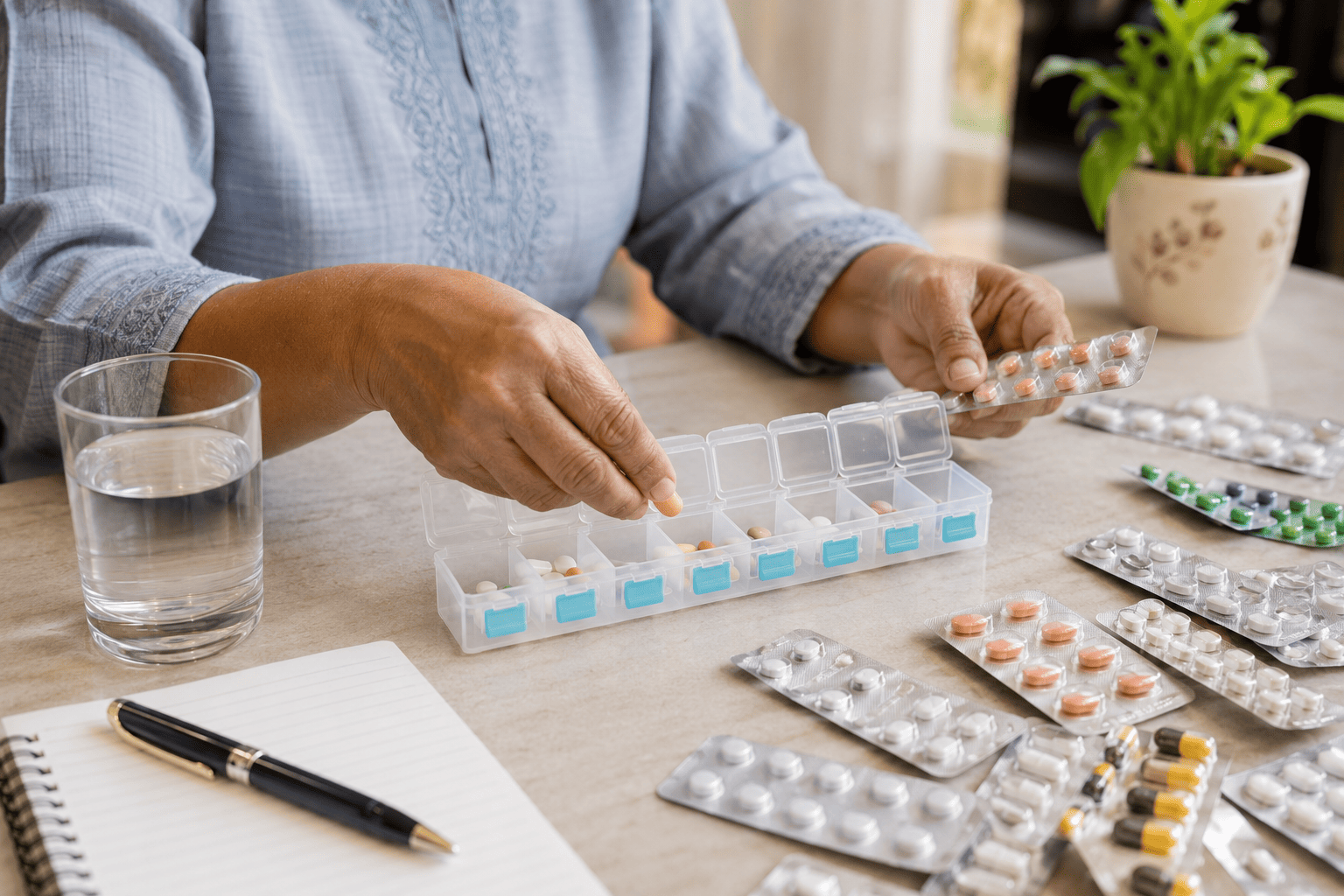 Family caregiver organising a patient's medicines in a pill box for a medication review