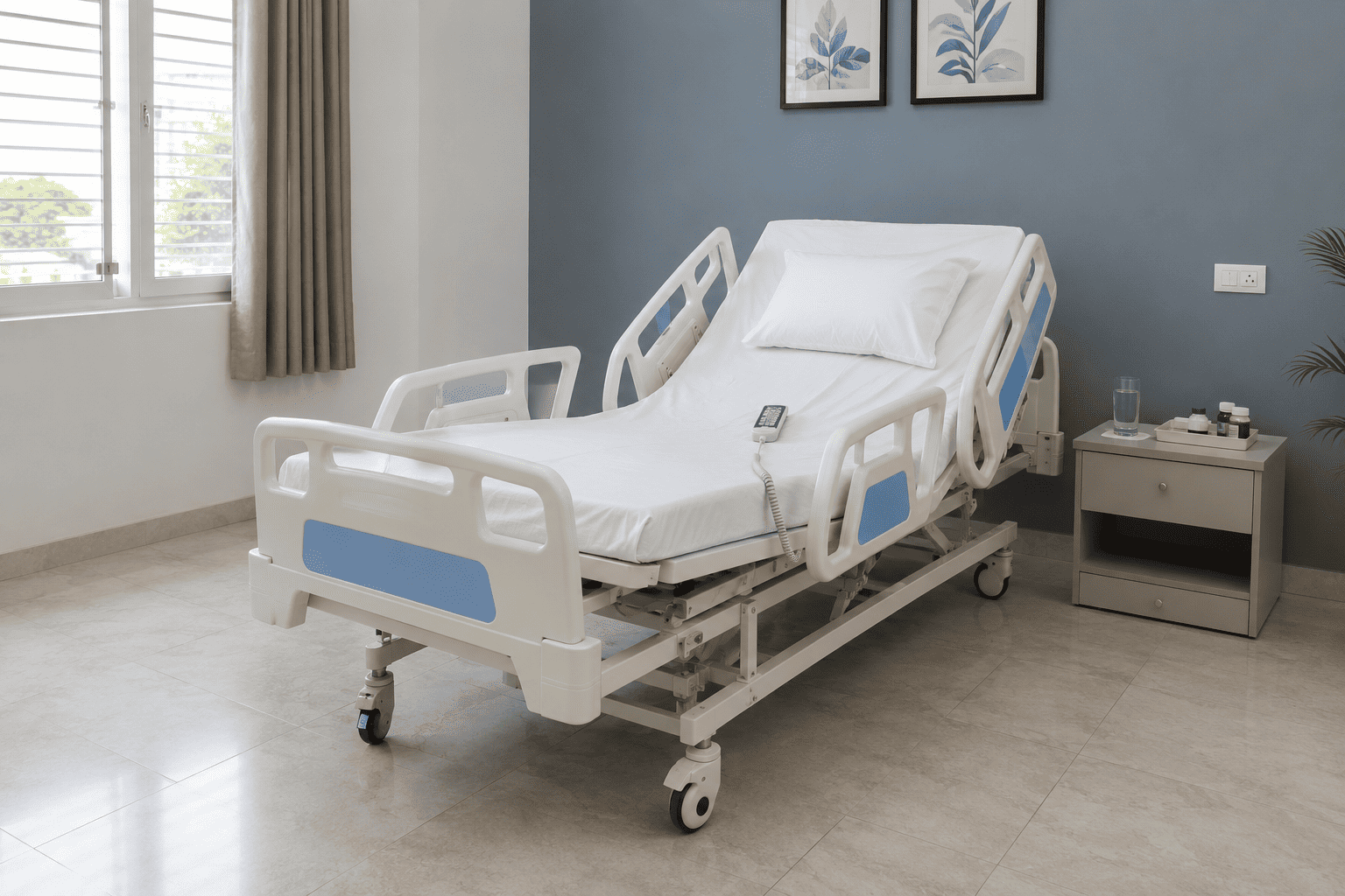Electric hospital bed with side railings set up at home for a patient recovering after surgery