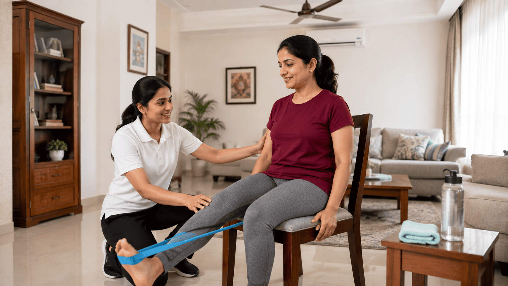 Home physiotherapy session for a person with multiple sclerosis
