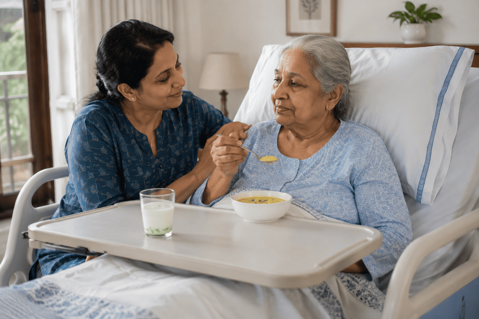 Elderly patient sitting upright in bed being encouraged to eat a small home-cooked meal