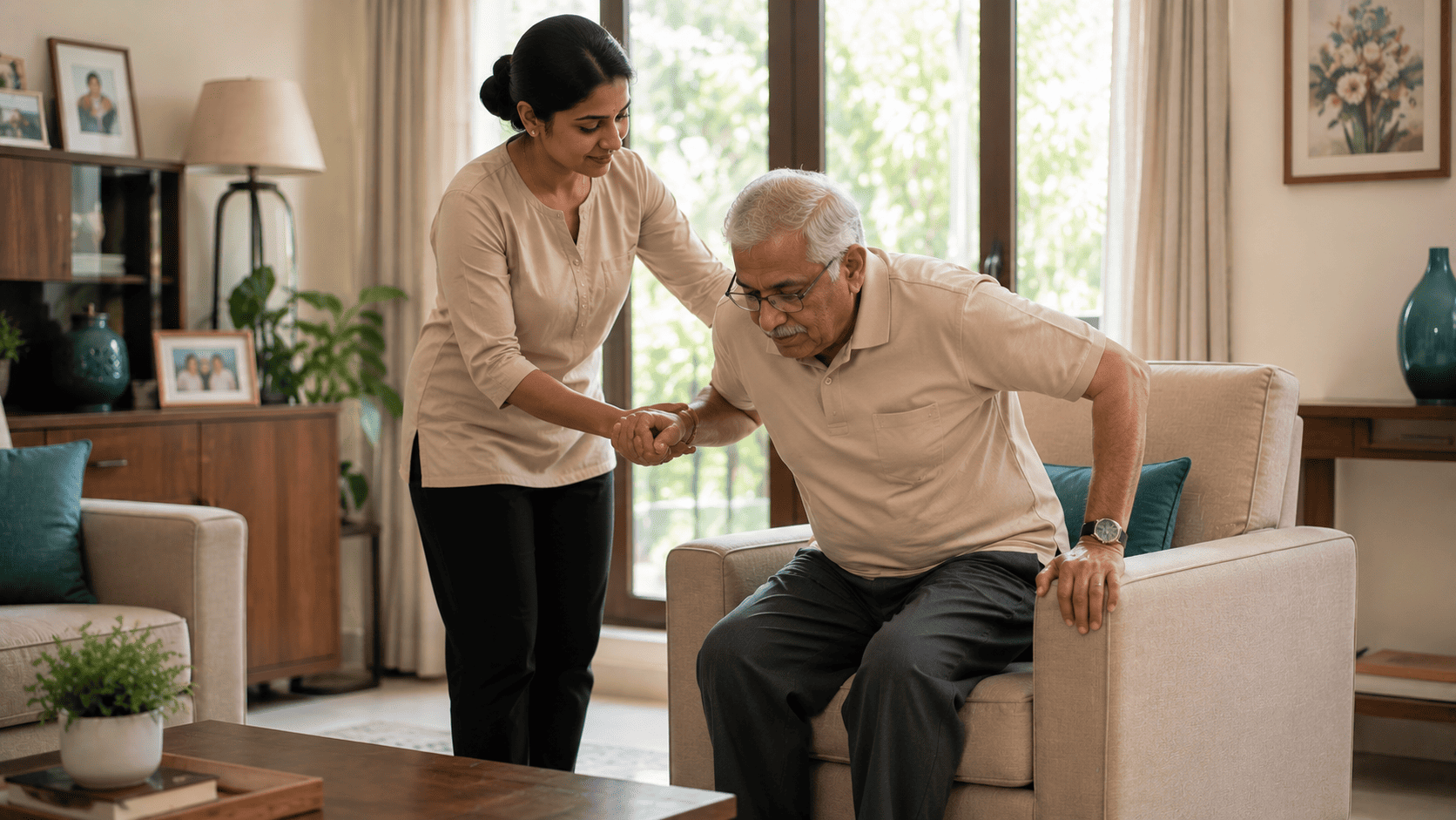 Trained home care attendant assisting an elderly person at home