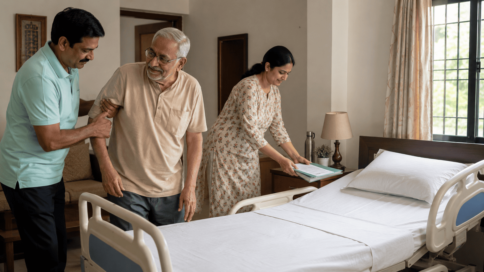 Family setting up home care for a patient after hospital discharge