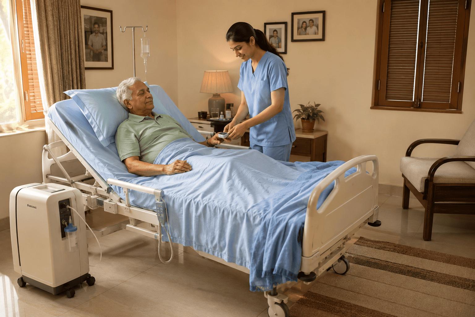 Patient recovering at home with a hospital bed, oxygen concentrator and nurse from Healthy Jeena Sikho