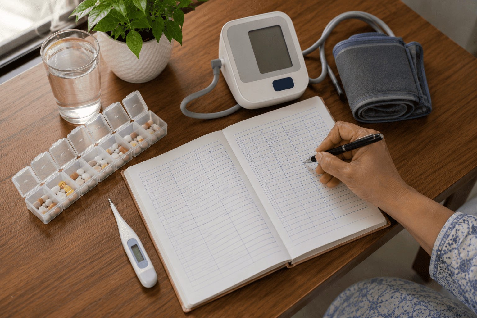 Caregiver organising medicines and a daily monitoring chart at a patient's bedside at home