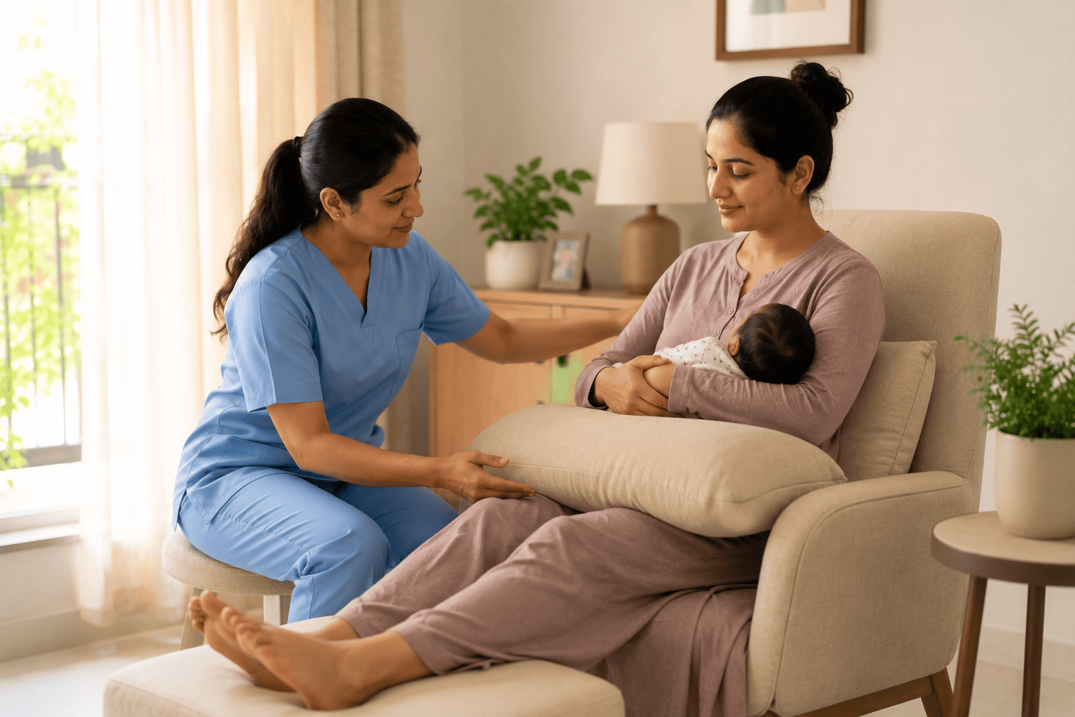 Physiotherapist showing a new mother a supported feeding position at home